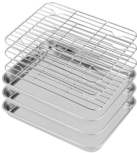 SEUNMUK 6 PCS Baking Sheet with Rack (3 Sheets + 3 Racks), Stainless Steel Baking Tray with Grill Rack for BBQ, Camping and Picnic, 9.3 x 6.9 x 1 Inch