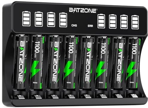 BATZONE Smart Battery Charger with 8 x AAA Batteries, Intelligent LCD Screen Battery Charger, for NI-MH/NI-CD Batteries, 8 Bays Individually Black Charger for AA AAA Rechargeable Batteries