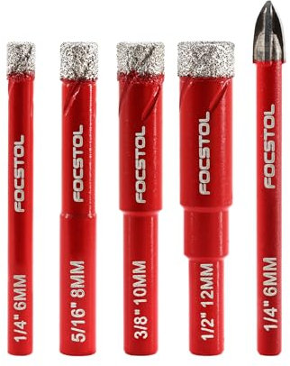 FOCSTOL Set Punte Trapano Diamantate - 4 pezzi 6/8/10/12mm Sega a Tazza Diamantata+1 pezzi 6mm Trapano Carburo con Gambo Tondo per Ceramica Gres Porcellanato Marmo Granito Quarzo