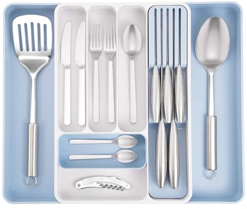 nuovva Cutlery Drawer Organiser – Adjustable Utensil Tray for Drawers – Expandable Cutlery Set Holder – Compact Drawer Divider for Knives, Forks and Spoons – White & Sky Blue