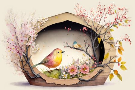 Acryl-Bild 140 x 90 cm: Naturpflanzen und Vögel der Frühlingssaison auf weißem Hintergrund in Pastellfarben und Papierhandwerksstil. (200532534)