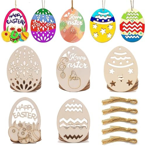 Ostern Holz Ostereier zum Bemalen,50 Stück Ostern Eier Holzscheiben mit Loch Hanfseil,Ostern Basteln Holz Ostern Holzanhänger Ostern Anhänger Holz DIY Ostereier für Kinder Ostern Frühling Party Deko