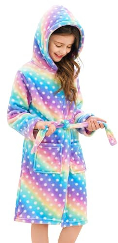Piefry Morbido Accappatoio con Cappuccio per Bambine e Ragazze in Pile Vestaglia da Notte per Bambini (Punti Arcobaleno, 10-11 anni)