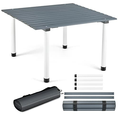 KOMFOTTEU Campingtisch Holz aufrollbar, Picknicktisch klappbar mit Tragetasche, Klapptisch tragbar & faltbar, Gartentisch 69 x 69 x 42 cm für Camping, Party, Picknick (Grau)