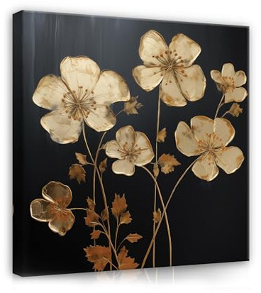 WallArena - Leinwand Bilder - Blumen Schwraz Gold - 40x40 cm Leinwandbilder - Bild auf leinwand - Wandbild XXL groß Wandbilder für Wohnzimmer Schlafzimmer Wohnzimmerbilder Modern