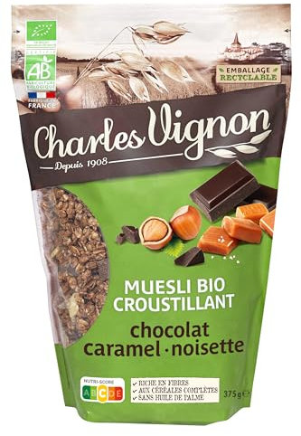 Charles Vignon - Muesli Bio Croustillant Chocolat Caramel Noisette - Sans Huile de Palme, Riche en Fibres - Sachet Refermable - 375g
