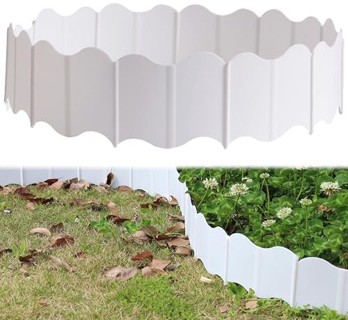 QSIKL 20 Pcs Clôture De Jardin en Plastique Flexible, Bordure De Parterre De Gazon Décoration De Jardin pour Vergers, Bordure De Gazon Clôture Effet Pierre Bord La Pelouse, Blanc