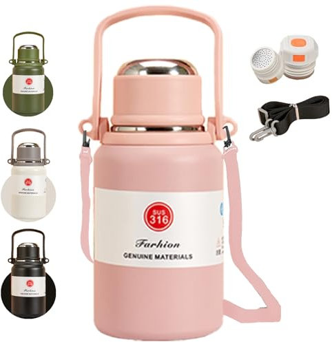 Pauzema Thermosflasche Baby unterwegs, 316 Edelstahl Isolierflasche 900ml mit Becher, 16h heiß / 26h kalt, Auslaufsicher | mit Traggurt und Griff, Kohlensäure Getränke - Rosa