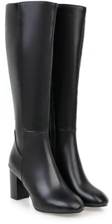 WOkismD Stivali Alti Fino al Ginocchio Con Polpaccio Largo Da Donna, Tacco Spesso a Blocco, Punta Rotonda, Cerniera Laterale, in Pelle PU, Eleganti per Autunno, Nero, 35