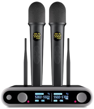 Yamnweo NG-88 2-Channel Wireless Microphone System, VHF Fixed Dual Band Wireless Kit with 2 Handheld Dynamic Transmitter Microphones and Receiver Base, for Sing, Wedding, DJ, Party, Black
