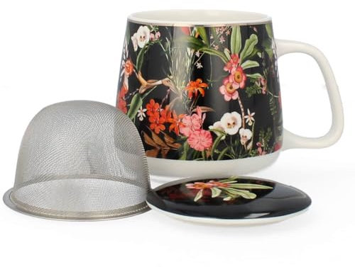 Livello Porzellan Teetasse mit Metall-Teesieb 500 ml Eleganter Teebecher mit Deckel Porzellan Tasse für losen Tee Küchenzubehör Geschenkidee Tee Kaffee großer Becher stilvolles Blumen Schwarz