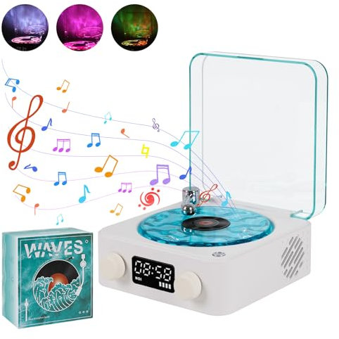 Waves Vinyl Speaker, Bluetooth Turntable Vinyl Record Player with RGB Light & Water Waves Effect, 3 Mode Stereo Sound Sleep Aid with 4 Sounds of Nature (White Blue)