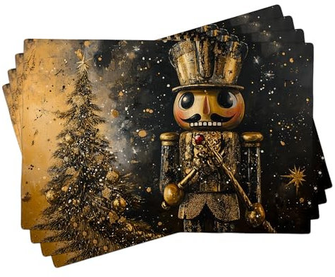 Nutcracker Christmas Placemats Set of 4, Gold and Black Holiday Table Mats for Winter Dining, Washable Decorative Placemats for Indoor Outdoor Use 18x12 Inch