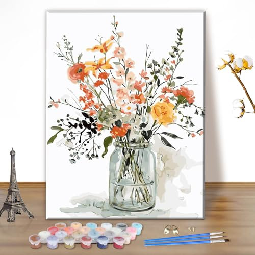 MEIYUDA Peinture par Numero Adulte Fleur Aquarelle, Diy Peinture Acrylique pour Adultes Débutants Facile sur Toile Avec Peintures et Pinceaux Decoration Maison Cadeau 30x40cm(sans Cadre)