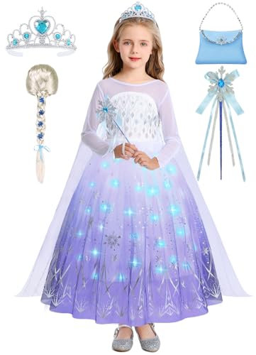 Elsa Kostüm Mädchen Prinzessin Elsa Kleid mit Licht Faschingskostüme Elsa und Anna Cosplay Outfit Verkleidung für Karneval Halloween Geburtstag Party mit Krone Handschuhe Zopf Handtasche FR067M