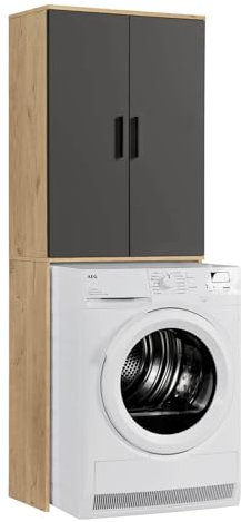 mokebo® Waschmaschinenschrank für Waschmaschinen & Trockner 'Der Saubermann', Überbau oder Überbauschrank mit Türen in Eiche-Schwarz aus Holz, auch als Toilettenregal in 65x180x34cm (B/H/T)