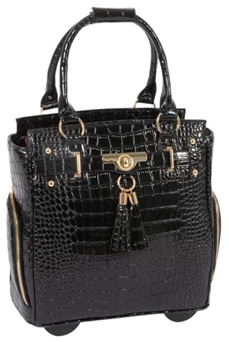 Stylish & Professional Petite Cosmopolitan Patent Alligator Rolling Briefcase for Women – Compact Rolling Tote & Laptop Bag with Wheels, Fits up to 13” Laptop for Work, Travel, & Shopping