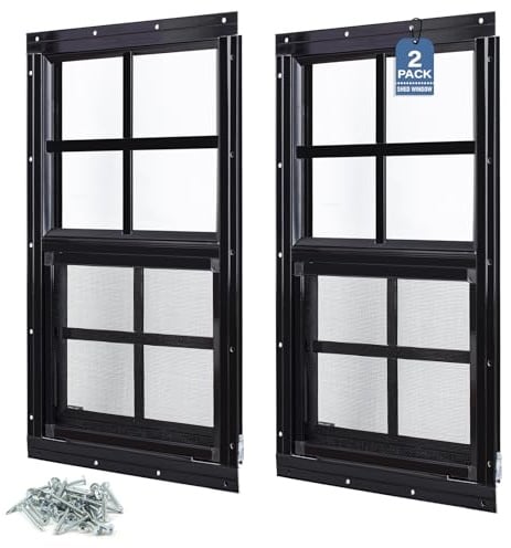 Melkus 2 Pack Shed Windows 18x23 Flush Mount Household Windows with Tempered Glass and Screen, Sliding Windows for Chicken Coop, Shed, Garage, Playhouse, Barn,Greenhouse, Black