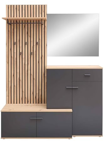 AVANTI TRENDSTORE - Santomenna - Kompaktgarderobe aus laminiertem Holz in der Farbe Artisan Eiche / Anthrazit. Maße ca. LAP 148 x 199 x 38 cm