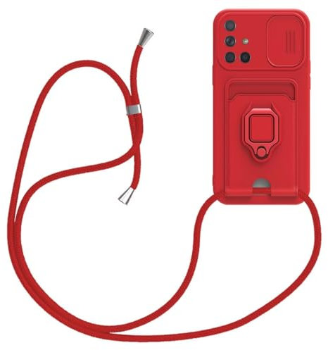 xinyunew Handykette Silikon Hülle für Samsung Galaxy A71 4G mit Band, Handyhülle mit Kartenfach, Abnehmbar Kordel Kette, 360 Grad Ringhalter Stand Kartenfach Stoßfeste Schutzhülle,Rot
