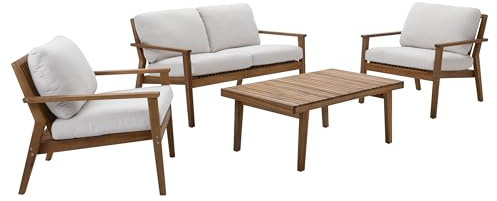 Dehner Garten-Lounge Santiago, 4-teilige Outdoor Sitzgruppe, 1x Sofa / 2X Sessel, je inkl. Polster, 1x Tisch, FSC® zertifiziertes Akazienholz/Polyester, braun/beige