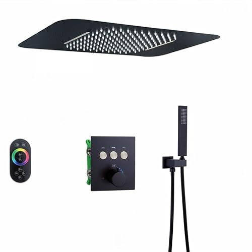 NGBFF Shower Set, Rain Waterfall Bathroom Thermostatic Shower Faucet Set,Ceiling Embedded 23 * 15 Inch Led Shower Head With Music Speaker System(H Matte Black)