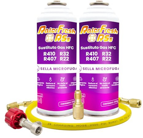 Gaz réfrigérant organique pour climatisation type Split Ralerfresh RS équivalent à 950 g, remplacement des gaz R410, R32, R407 et R22 (2 Bouteilles 230g + tuyau + clé)