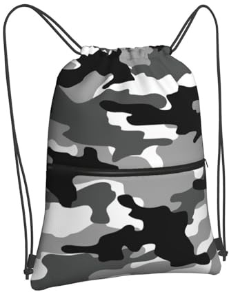 Rucksack mit Kordelzug, verstellbarer Outdoor-Sportrucksack, langlebig, wasserdicht, Turnbeutel, leichter Reißverschluss, Strandtasche für Damen und Herren, Schwarz-Weiß, Camouflage, One size