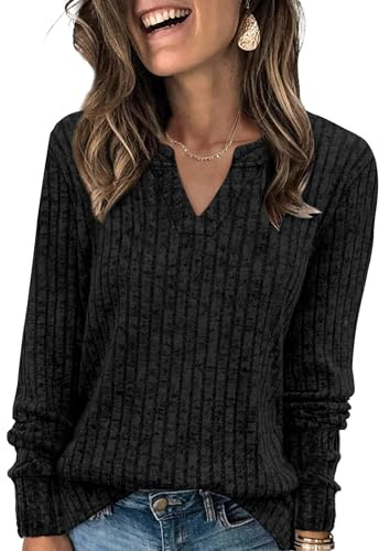 Aokosor Jumpers for Women Lightweight Sweatshirts Ladies V Neck Long Sleeve Tops Women Loose Fit Size 22-24 Black