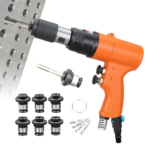 FDSDRGI Druckluft-Gewindeschneidmaschine (M3-M12), 2-in-1 (Bohren + Gewindeschneiden), Einstellbare Geschwindigkeit/Selbstsichernder Kopf, Befestigung (Kein Ablösen), für Stahl, Eisen,Orange