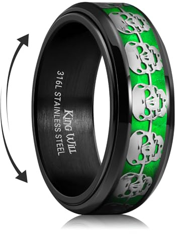 King Will 316 Edelstahl Spinner Ring für Männer, Fidget Ring mit schwarzer Beschichtung und grünem Totenkopf-Muster, 8mm Anti-Stress Spinner Ehering
