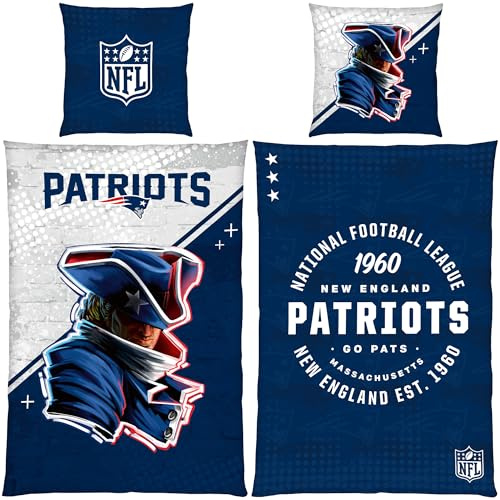 BERONAGE NFL New England Patriots Go Pats Bettwäsche 135x200 cm + 80x80 cm 100% Baumwolle Renforcé-Linon American Football Fan Wende Bettwäsche Set YKK Reißverschluss