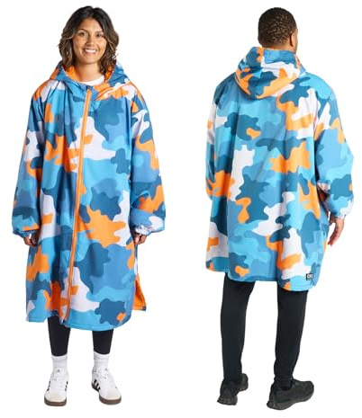 OHS Drying Robes Adult Womens Men Camouflage, Oversized Waterproof Jacket Changing Robe Lightweight Fleece Lining Raincoat Women with Hood & Pockets Ladies Coats for Outdoor, Blue/Orange - S/M