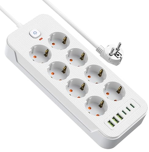 Steckdosenleiste mit Schalter, AOUOO 8 Fach Mehrfachstecker mit Verlängerungskabel 5M, 3USB/3Type-c (5V/3.1A), Max. 250 V / 16A, Steckdosenleiste Überspannungsschutz 3840W/16A für zu Hause, Büro Weiß