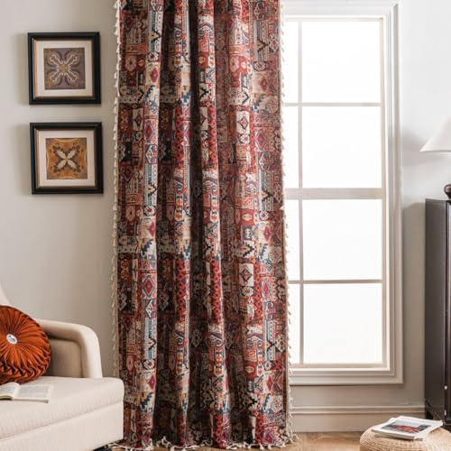 Tokusyou Bohemian Vintage Gardinen Blickdicht Ethno Vorhänge Boho Geometrie Leinenoptik Rot Jacquard Baumwolle Vorhang mit Quaste Rod Pocket für Schlafzimmer Küche 1er Set B150×H220cm