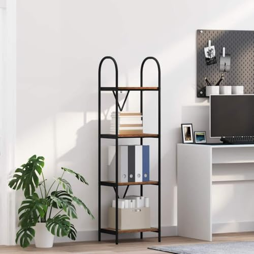 Qnhdfrt Old Wood 4-Tier Bookshelf 40x30x146 cm Tall Engineered Wood Slim Bookcase with Steel Frame Modern Narrow Shelf Unit for Living Room, Bedroom & Corridor
