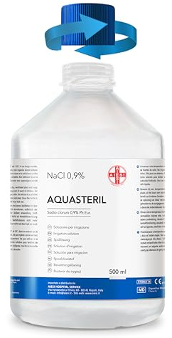 AIESI® Soluzione fisiologica salina (500 ml) per lavaggi nasali, aerosol e irrigazione con tappo richiudibile AQUASTERIL, Sodio cloruro 0,9% per cassetta pronto soccorso