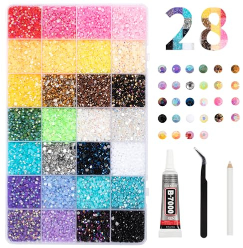 30000Pcs Rhinestones Kit, 28 Colors 3mm Flatback Gems with Pick Up Tweezers and Pen, Rainbow Bedazzling Kit Crystals Nail Art Rhinestones Jewels for DIY Crafts Wedding Graduation Clothes Face Decor