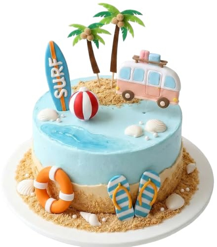 8 Pcs Summer Beach Cake Decorations Set, Tropical Hawaiian Cupcake Toppers | Tropical Hawaiian Party Supplies Toppers with Surfboard, Palm Tree, Beach Van, Flip Flop, Life Ring & Beach Ball for Birthday