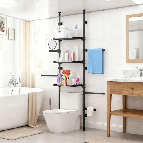 Scaffale portaoggetti a 4 ripiani per WC, palo tensione regolabile organizzatore bagno, ripiani in acciaio al carbonio sopra dei ripiani 25 x 50 cm, altezza 298 - 335 pollici, rack (nero)