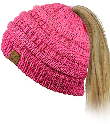 C.C BeanieTail Beanie-Mütze, weich, Stretch, Zopfmuster, unordentlicher hoher Dutt, Pferdeschwanz, Konfetti Bubblegum Pink, Einheitsgröße