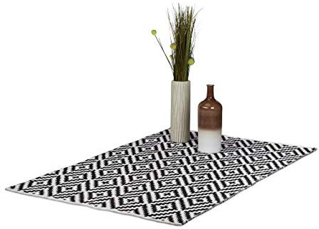 Relaxdays Teppich Baumwolle, Läufer rutschfest, Teppichläufer Flur, gewebt, Wohnzimmerteppich 120x180 cm, schwarz weiß