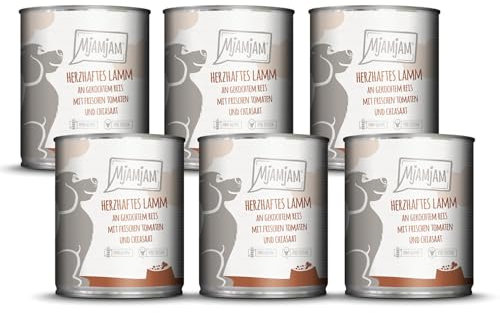MjAMjAM - Premium Nassfutter für Hunde - herzhaftes Lamm an gekochtem Reis mit frischen Tomaten, 6er Pack (6 x 800 g), naturbelassen mit extra viel Fleisch