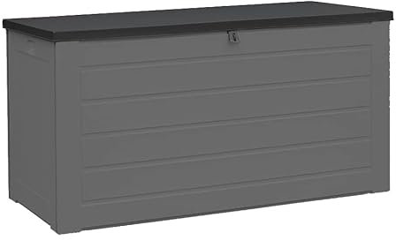 AIRWAVE Outdoor Plastic Garden Storage Box 680L, Weather and Fade Resistant, Lockable, Doubles as Storage Bench, Wood Effect, Indoors/Outdoors (Large)