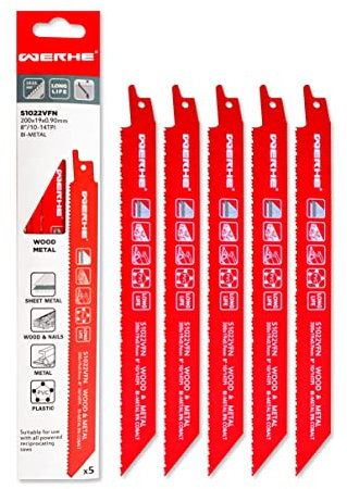 WERHE ® Profi – 5 x Holz & Metal Stichsägeblätt – C 200mm S1022VFN Extra Robust – Schnelle Palette und Kunststoff Nagelschneiden Fuchsschwanz