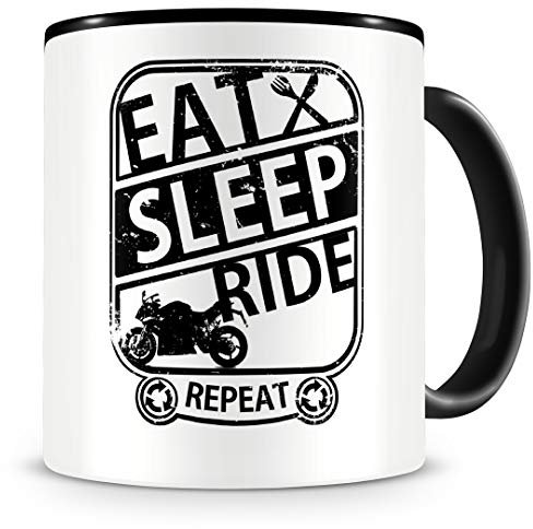 Samunshi® Motorrad Tasse mit Spruch Eat Sleep Repeat Geschenk für Biker Kaffeetasse groß Lustige Racer Tassen zum Geburtstag schwarz 300ml