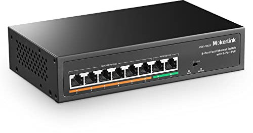 MokerLink 8 Ports PoE Switch avec 6 Ports PoE+, 2 Ethernet Uplink, 100Mbps, détection AI 78W IEEE802.3af/at, Commutateur Réseau Plug & Play en Métal sans Ventilateur