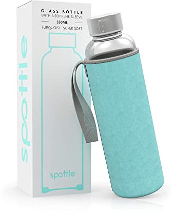 spottle Trinkflasche aus Glas 1l - Glasflasche 500ml - 750ml - 1 liter mit Neoprenhülle - Schutzhülle - Glastrinkflasche mit Schraubverschluss (Weicher Samt/Velour in Türkis, 550 ml)