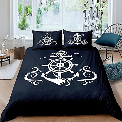 Homewish Set biancheria da letto con ancoraggio nautico, copripiumino matrimoniale modello barca a vela oceano blu marino, con bussola costiera, motivo oceano blu, con cerniera