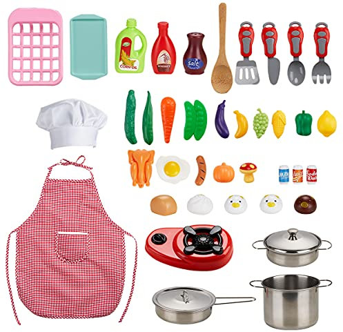 Locisne 42 PCS Children Kitchen Playsets, Mini Colorful Food Toys Kits - Cooking & Baking Set with Stainless Steel Cookware Pots and Pans Set, Apron & Chef Hat, Cutting Play Vegetables